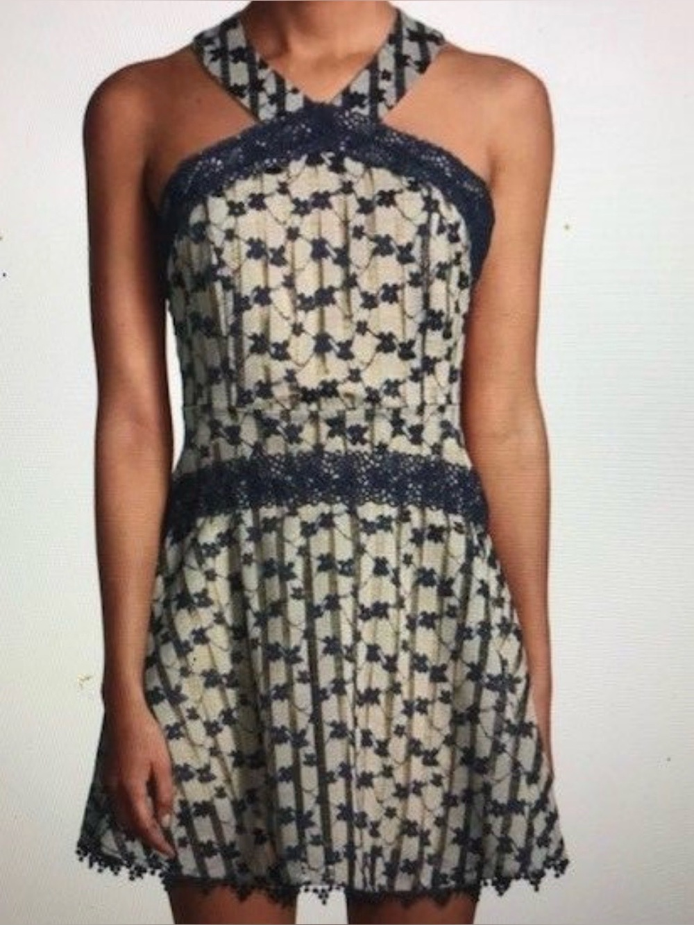 FOXIEDOX Anthropologie Cordelia Navy Blue Beige Lace Halter Dress! Gorgeous! S